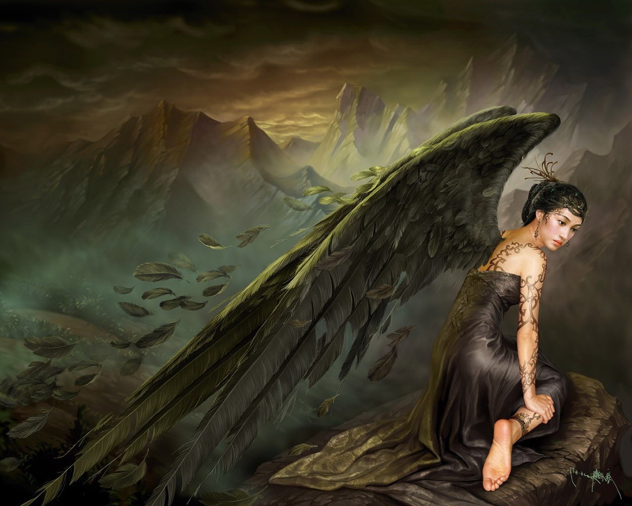 wings mountain asia angel feathers stone dress tattoo sadne