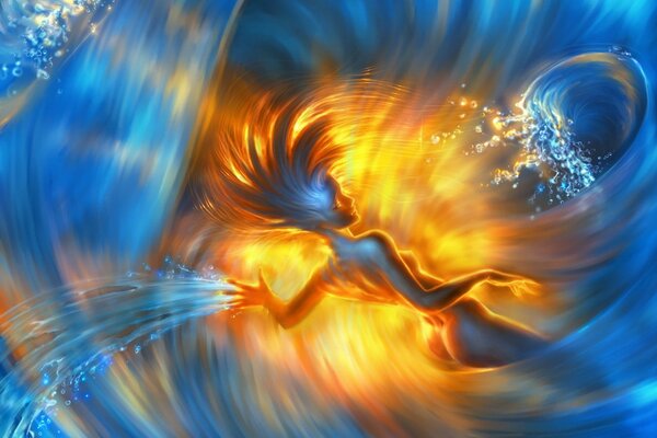 A fiery girl surrounded by water