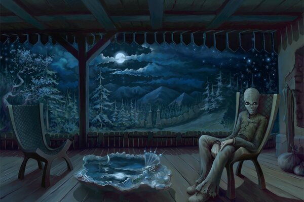 An alien on the porch of a house with a view of the landscape of another planet