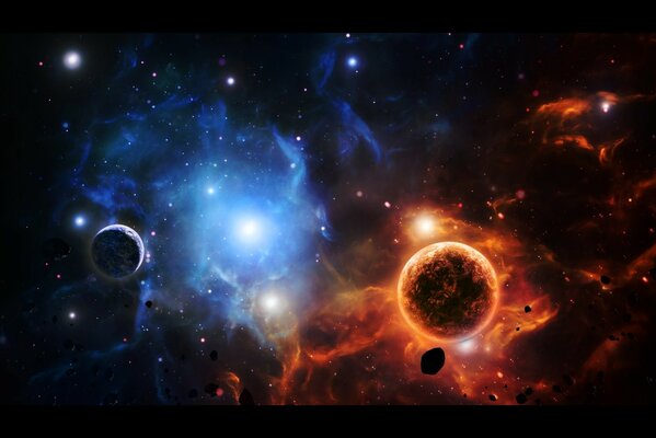 Red and blue planets in space