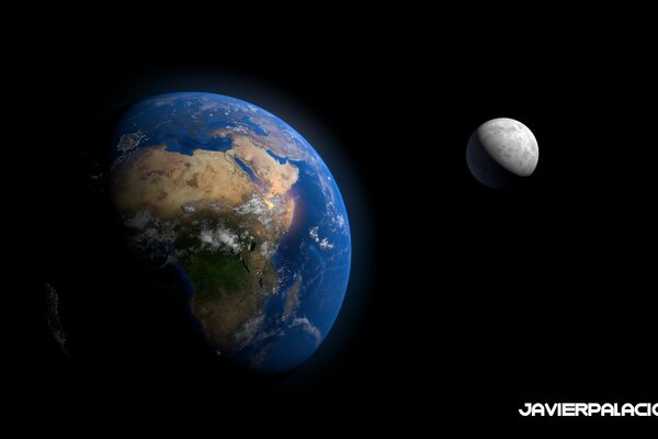 Immagine del pianeta terra e della sua luna satellite su sfondo nero
