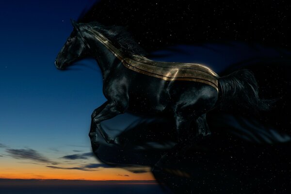 A black horse runs across the night sky