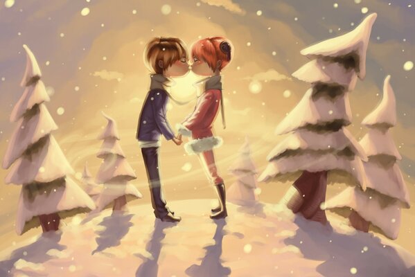 Couple embrassant dans le paysage d hiver