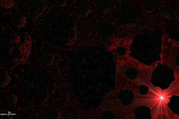 Asteroids in outer space with a red star