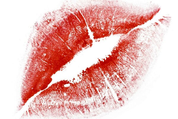 Red lipstick lip trace on white background
