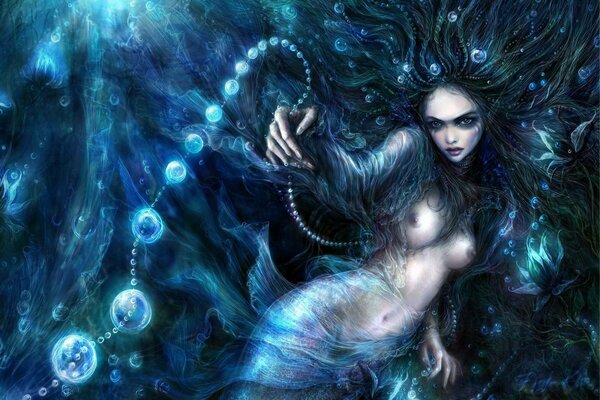 Dark mermaid on a blue background