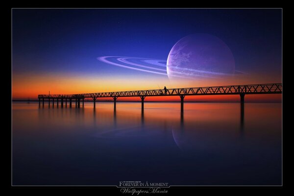 Pier on the background of a planet in the sky