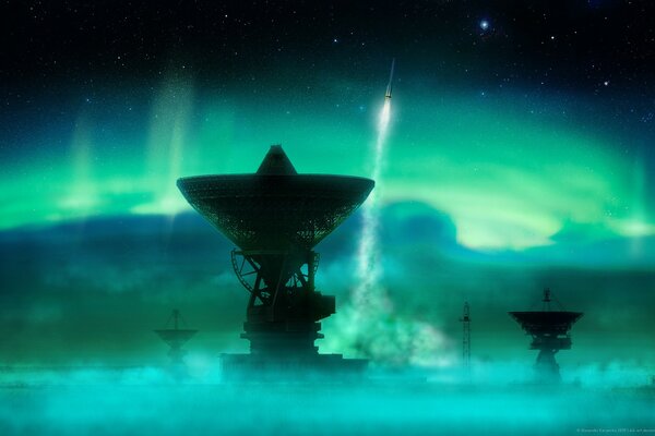 Grandi antenne con aurora boreale