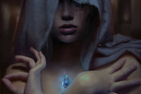 Abbildung eines Mädchens mit einem Amulett um den Hals im Fantasy-Stil
