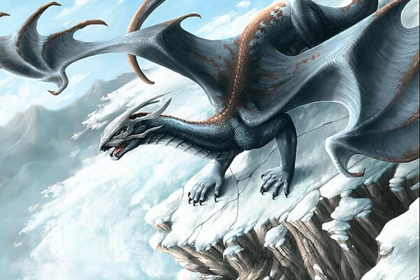 Fantastic dragon in the mountains in winter