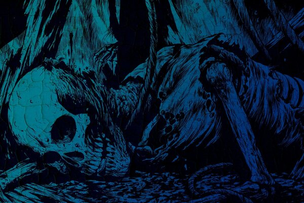 Niebieski ponury rysunek z czaszką i szkieletem