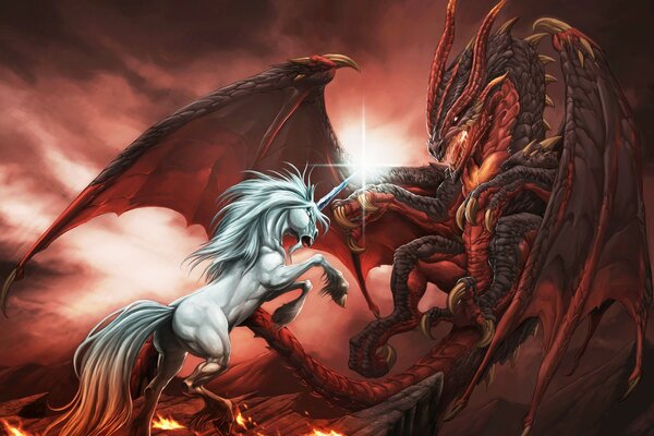 Imagen de la batalla de unicornio con dragón