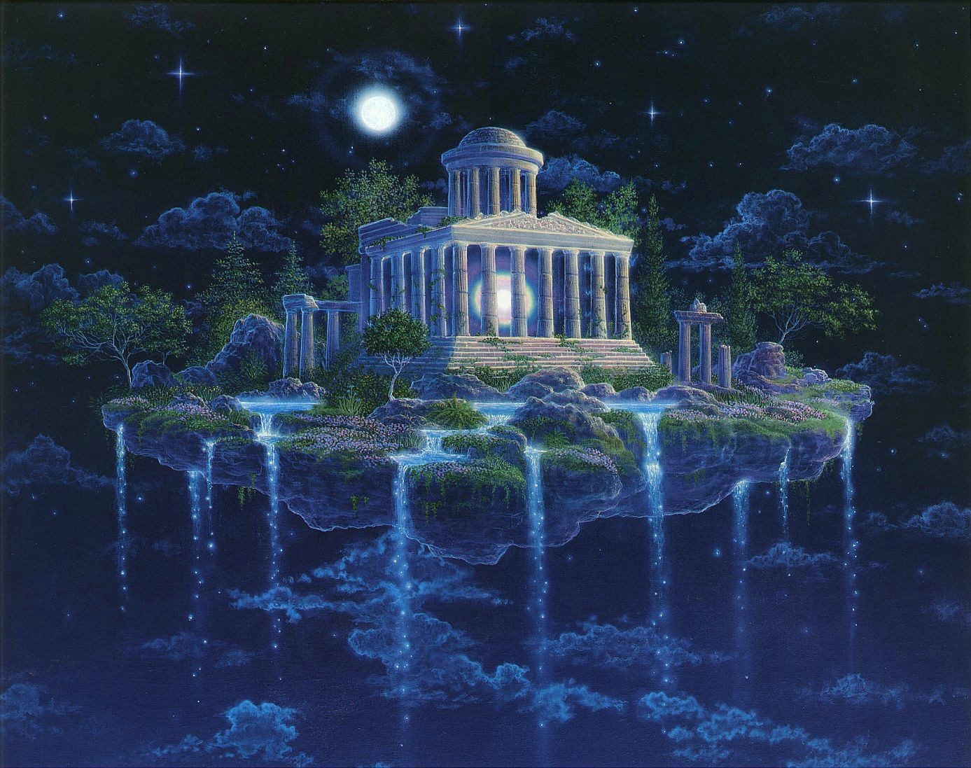 night island sky star waterfall gilbert williams moon temple