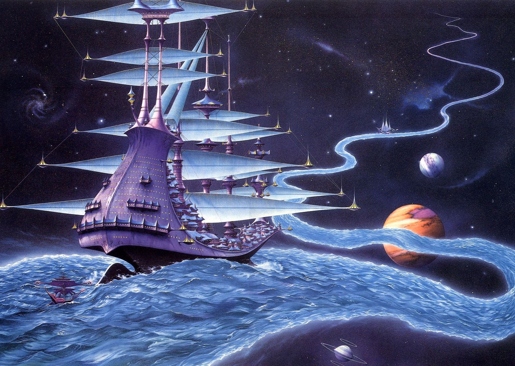 rodney matthews äther-strom fluss reise welten schiff planeten sterne