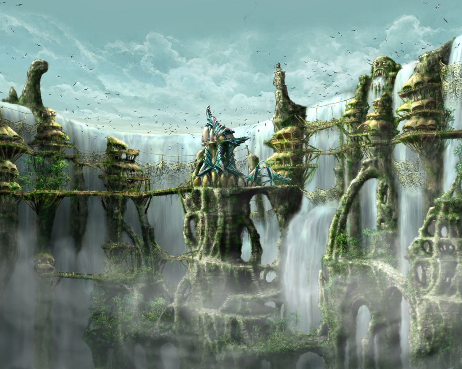 fantasy waterfall town bridge