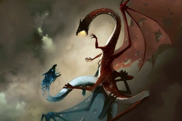 Lucha de dos dragones en el cielo