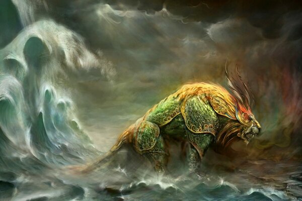 A monster in the form of a lion inside a raging ocean