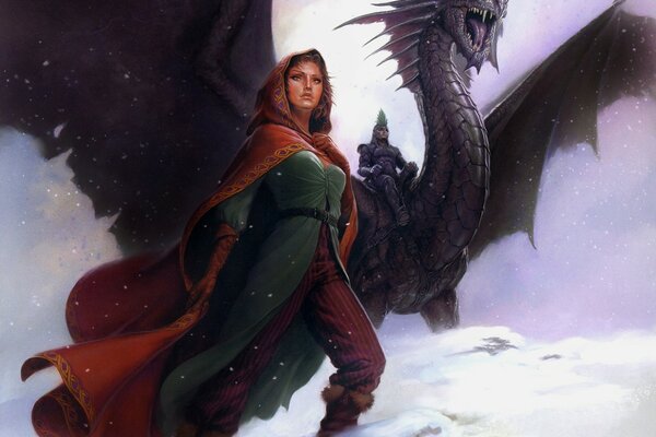 The girl and her dragon are looking down