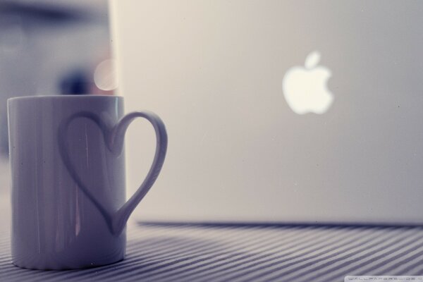 Branded laptop and lilac cup