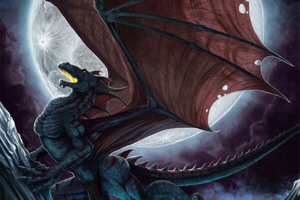 Against the background of a large moon, a beautiful dragon