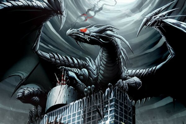 A dragon with red eyes on the roof of a building