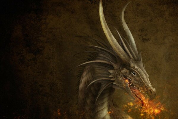 El dragón sobre un fondo oscuro respira fuego