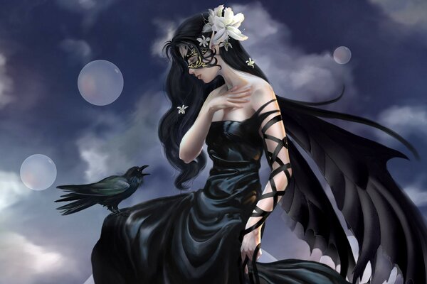 A witch with a raven on the background of a lunar eclipse