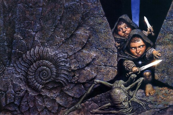 Two Hobbits and gollum from the Lord of the Rings fantasy picture