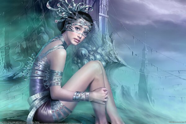 Fantasy girl in silver ribbons