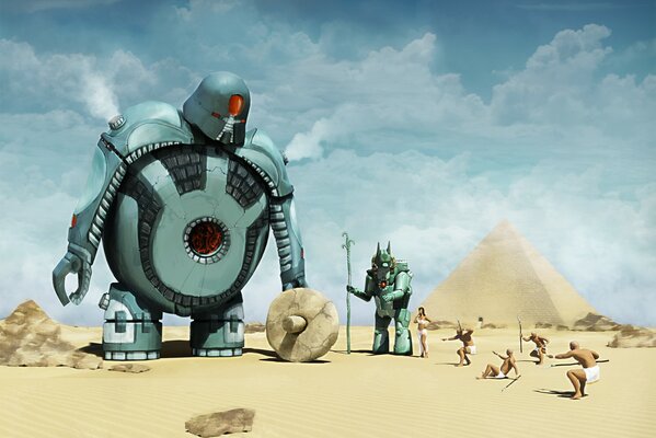 Robots alienígenas cerca de las pirámides
