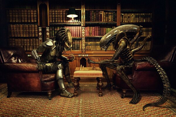 Alien vs. predator. Playing chess