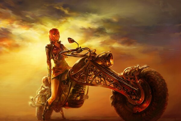 A girl on a beautiful bike at sunset