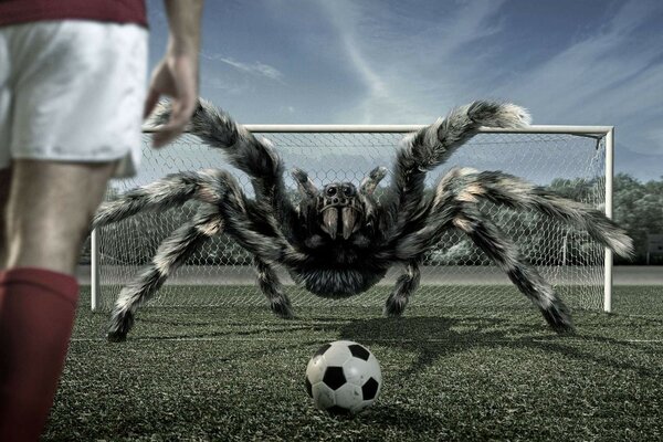Tarántula araña en la portería con la pelota en el fútbol