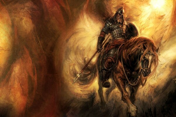 Ein Krieger in Rüstung, der auf einem Pferd sitzt