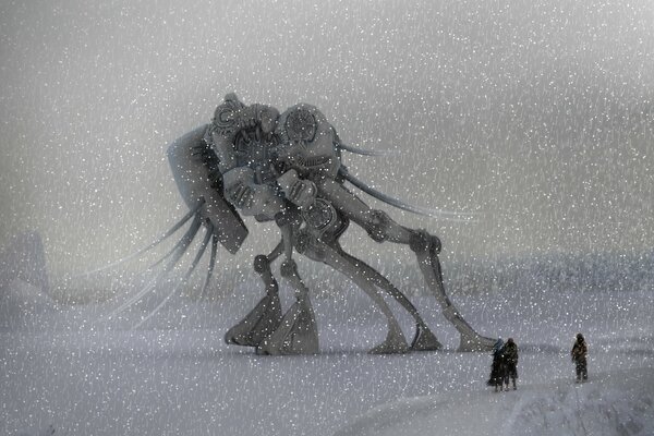 Picture of a huge robot in a snowfall