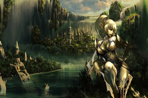 An elf girl with a castle behind her