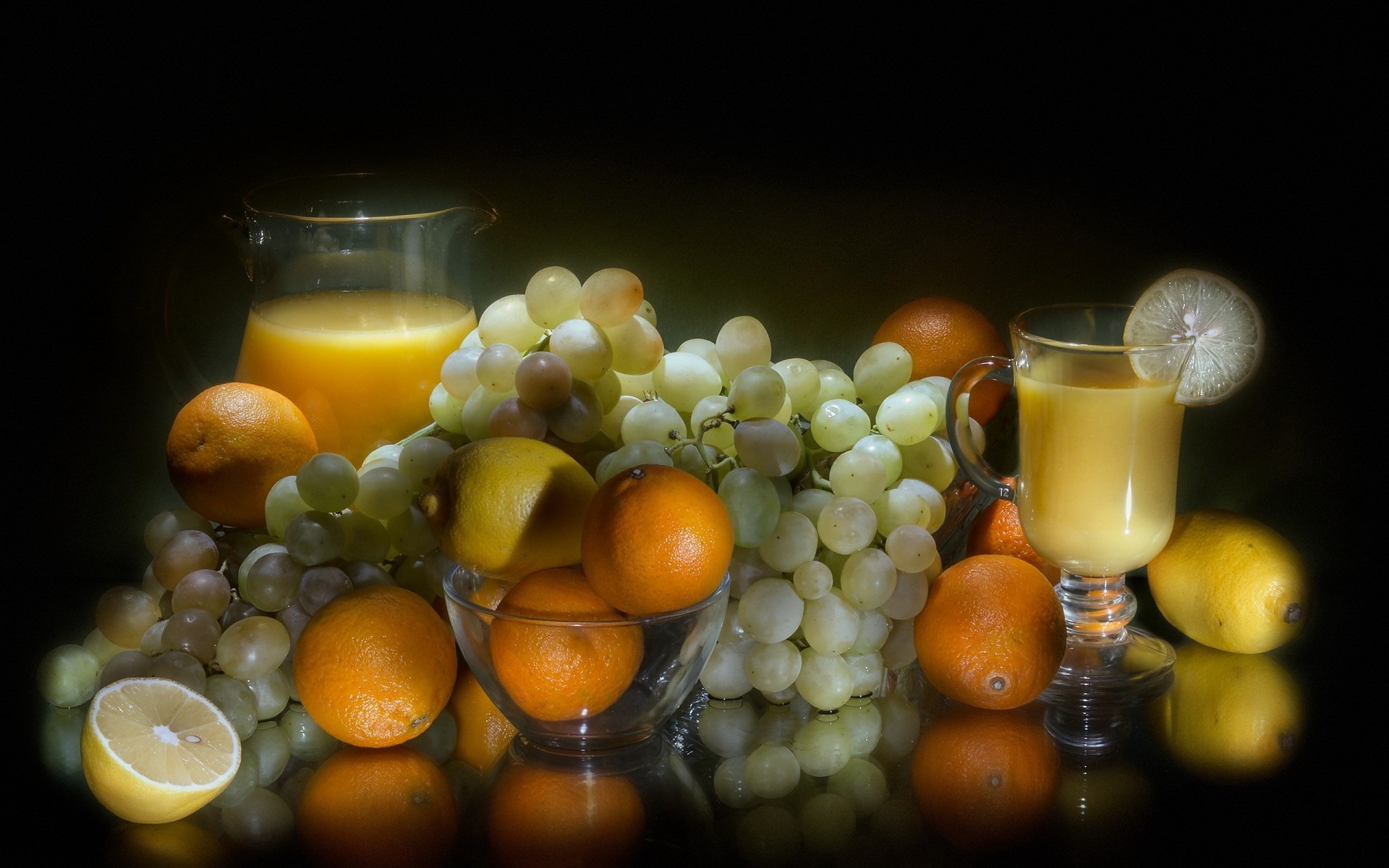 black background fruits juice food orange grapes lemon