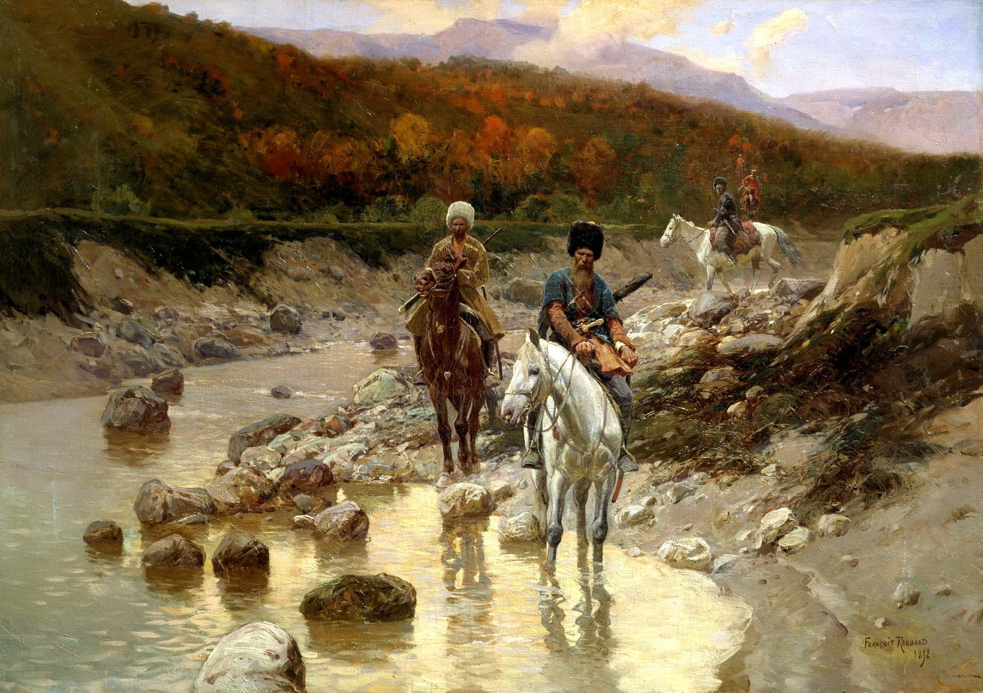 cosacchi vicino al fiume di montagna pittura rubo franz pittura