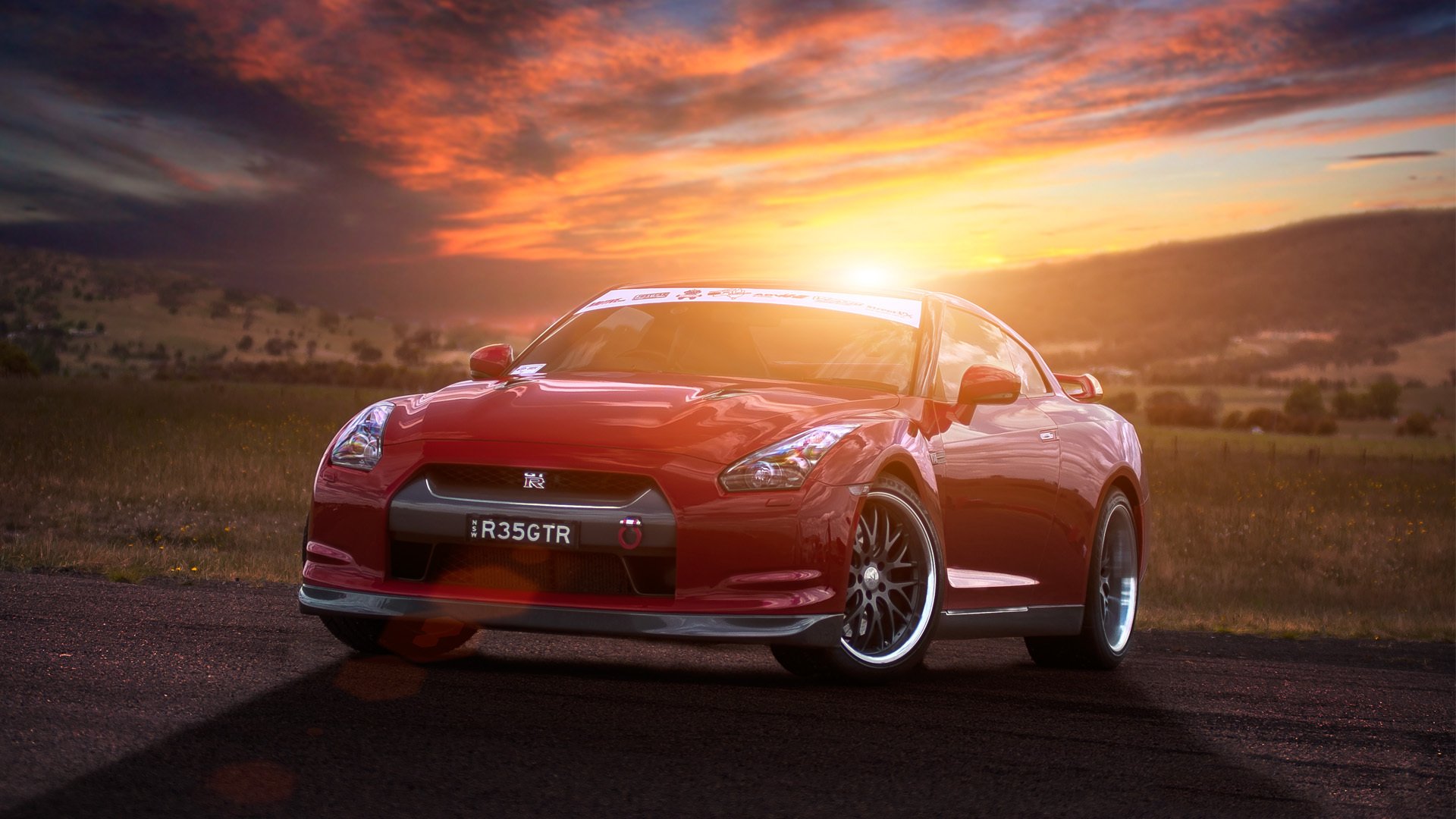 nissan gt-r r35 rojo frente nissan rojo sol puesta de sol resplandor