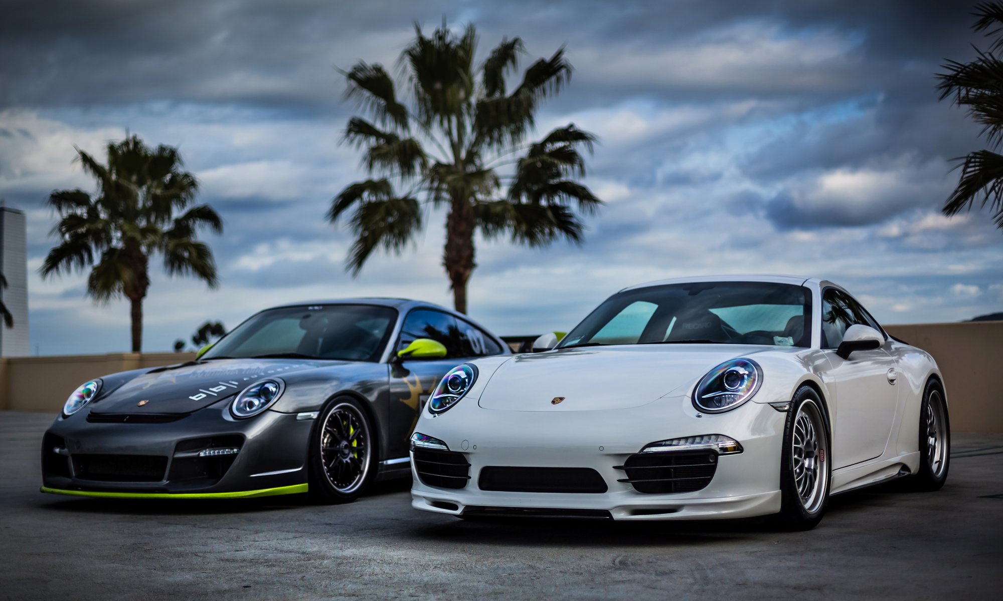 porsche 911 white silver sky palm front porsche silver clouds palm tree