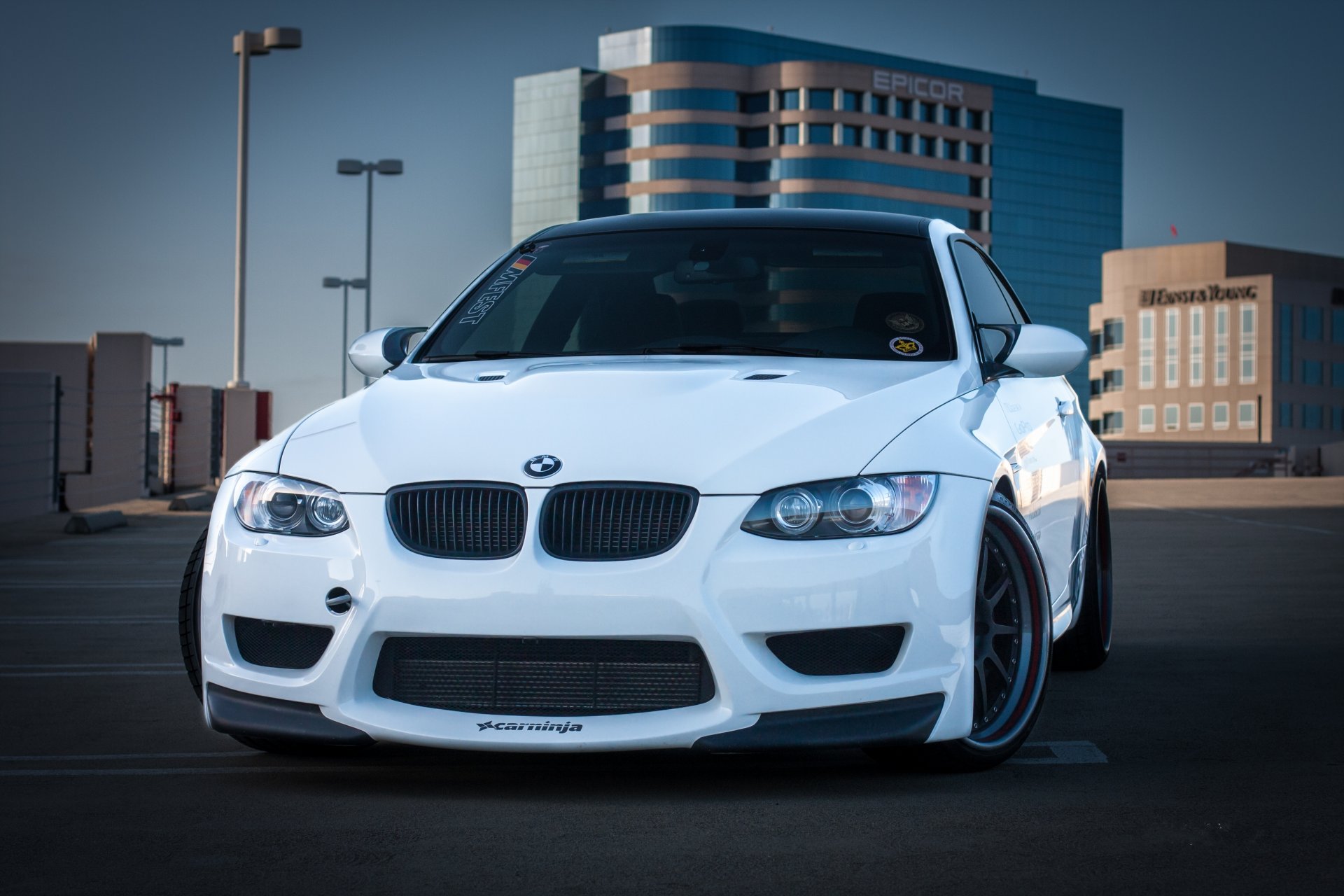 bmw m3 e92 white parking building epicor bmw roof lights epicor