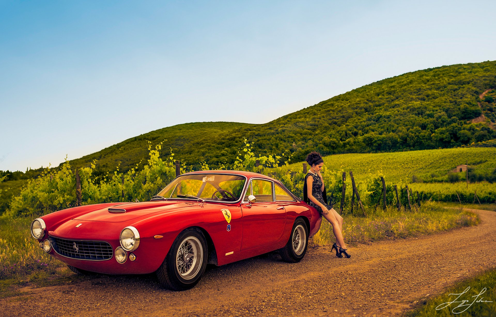 ferrari 250 gt ragazza strada vigneti