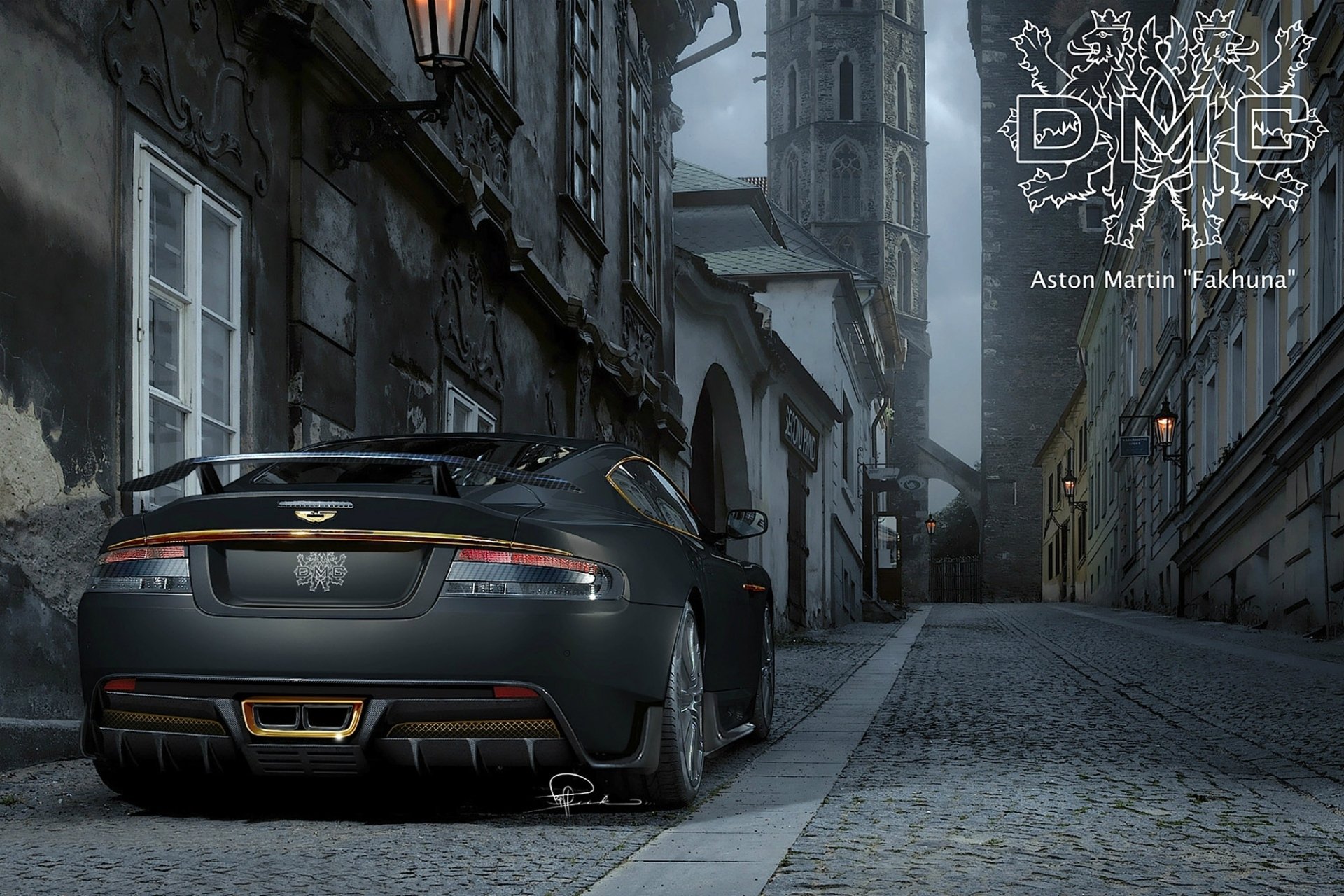 dmc aston martin dbs fakhuna aston martin lbs supercar rear view tuning street paving stones coat of arms inscription