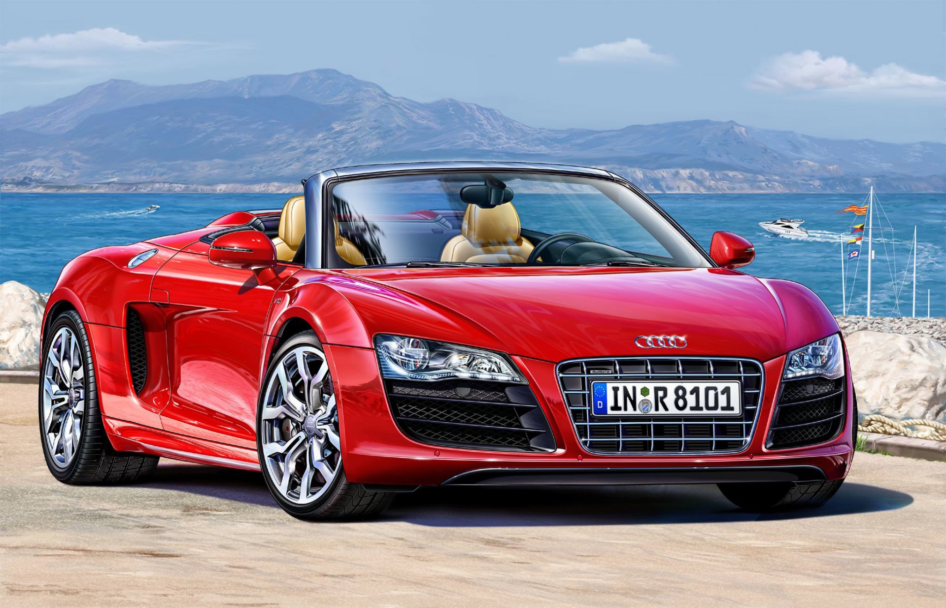 art machine red sports supercar all-wheel drive german automaker audi r8 spyder of the base equipment is equipped with engine v8 volume 2 liters power equal to horse force accelerate to 100 km-h for 6 seconds model