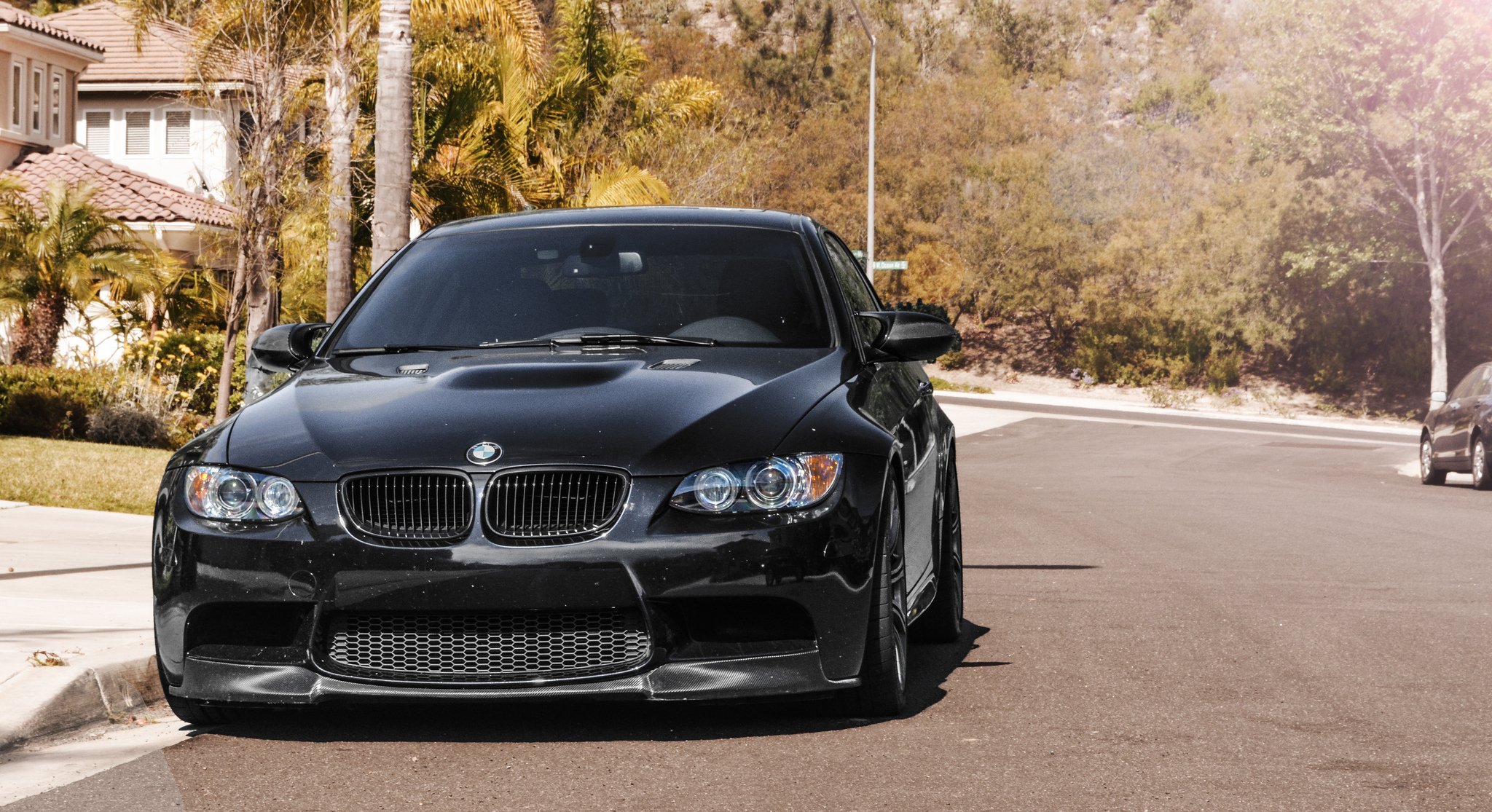 bmw m3 e92 black bmw front road street tree