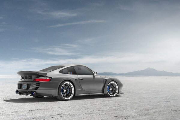 Argento Porsche nel deserto vista laterale