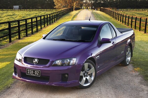 Purple car on the background of a country road