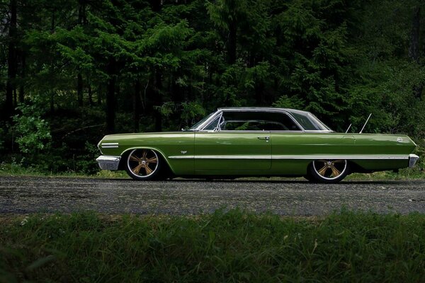 Voiture rétro verte sur fond de forêt