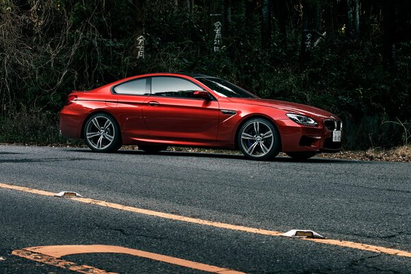 Rosso lucido BMW m6cupe sulla strada in ombra