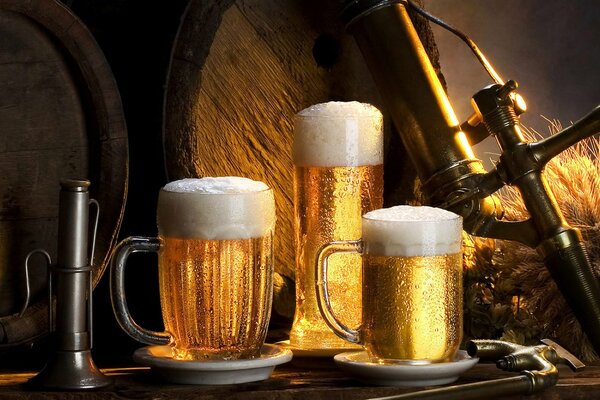 Beer-filled mugs on the table